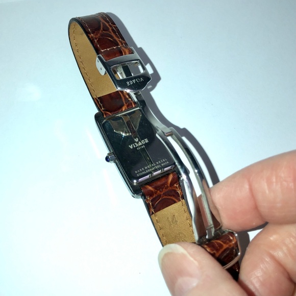 VISAGE Polished Nickel Scallop Face Brown Leather Vintage Analog Tank Watch EUC - Picture 5 of 16